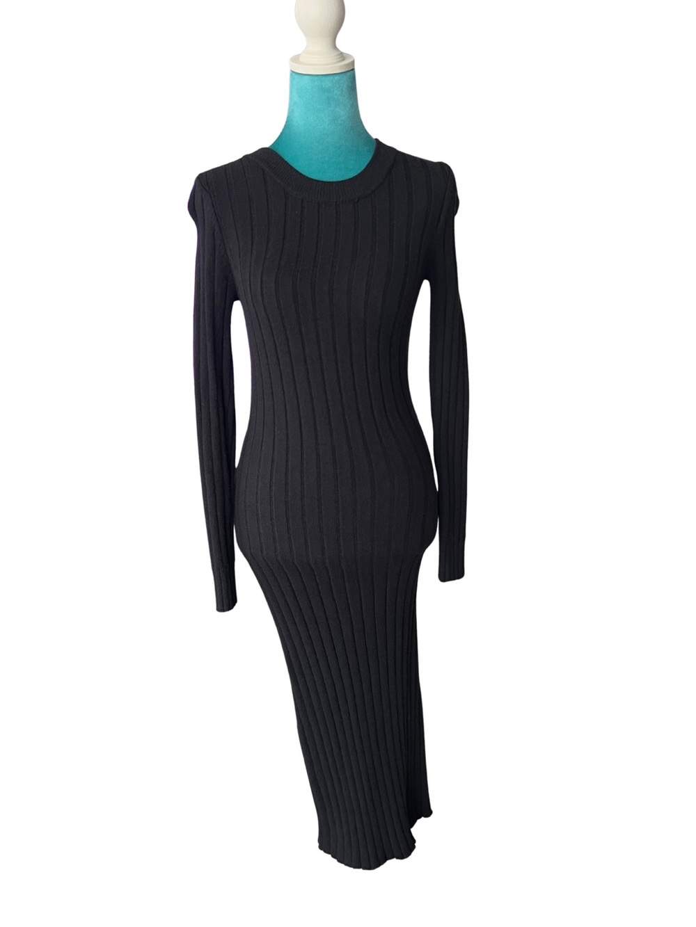 Lulus Ribbed Long Sleeve Midi Dress - Black